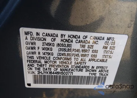 2006 Honda Ridgeline Rts из США, поврежденный, VIN 2HJYK16446H503771